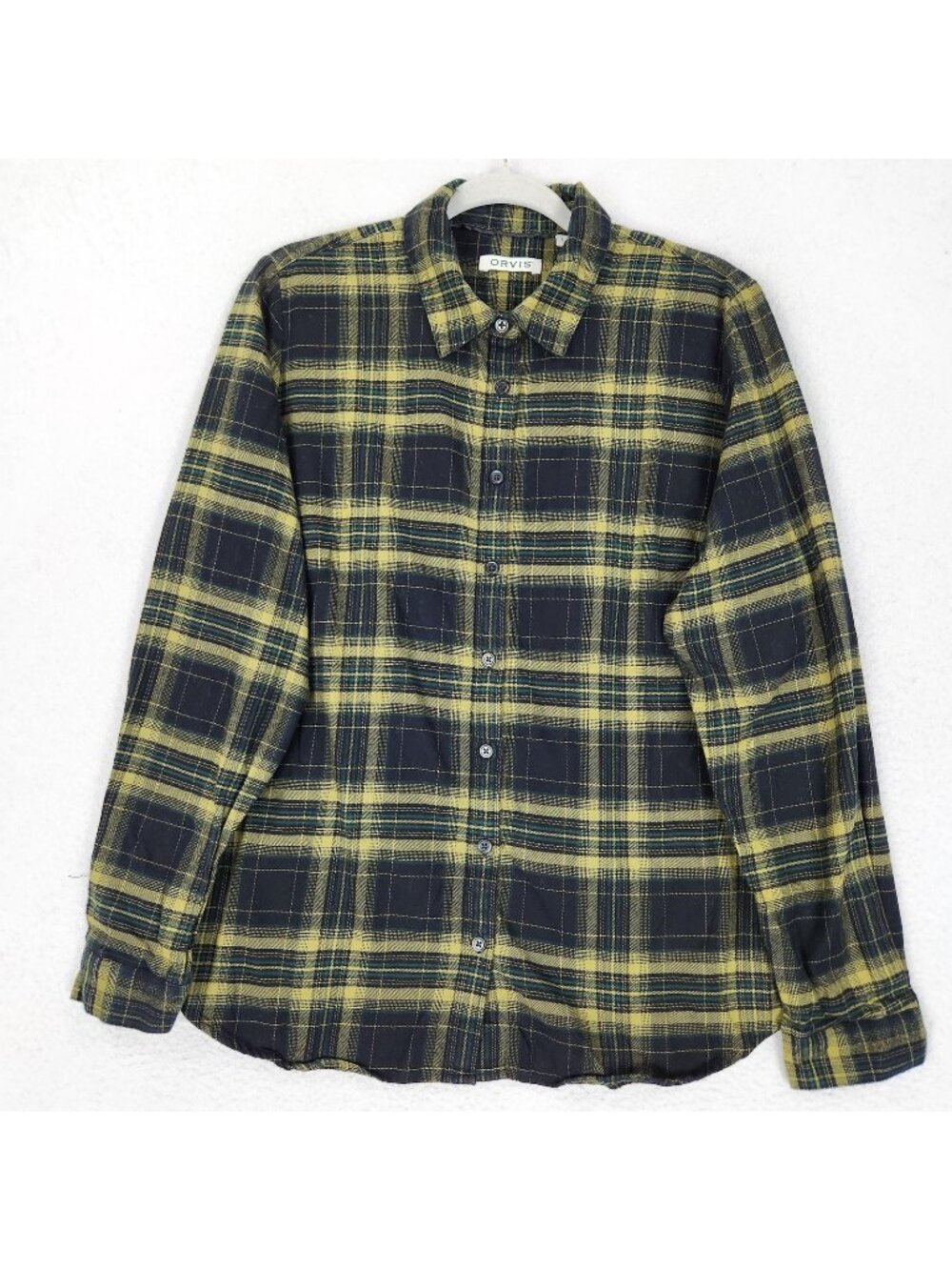 Orvis Shirt Mens Large Blue Yellow Plaid Flannel Button Front Long Sleeve Cotton
